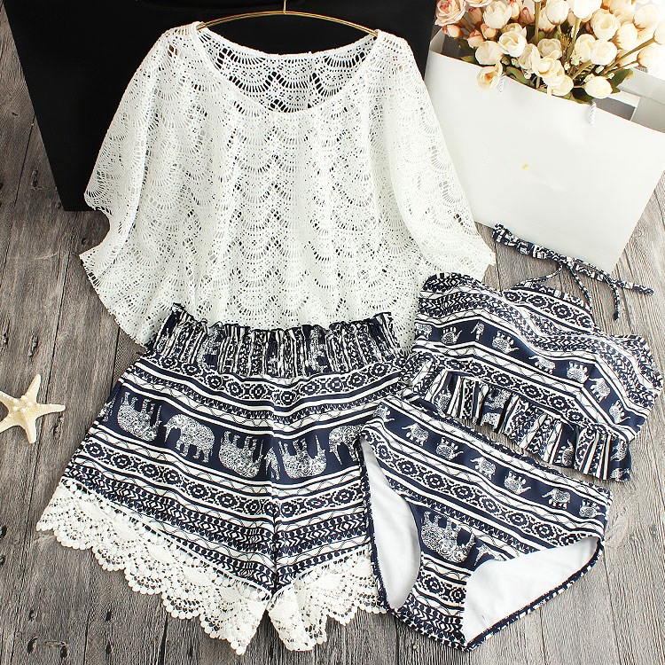 

2020 Bikini Summer Swimwear Swimming Women Printed Bathing Suit Bandage Swimsuit Padded Push Up Four Piece Bikini Set, As picture