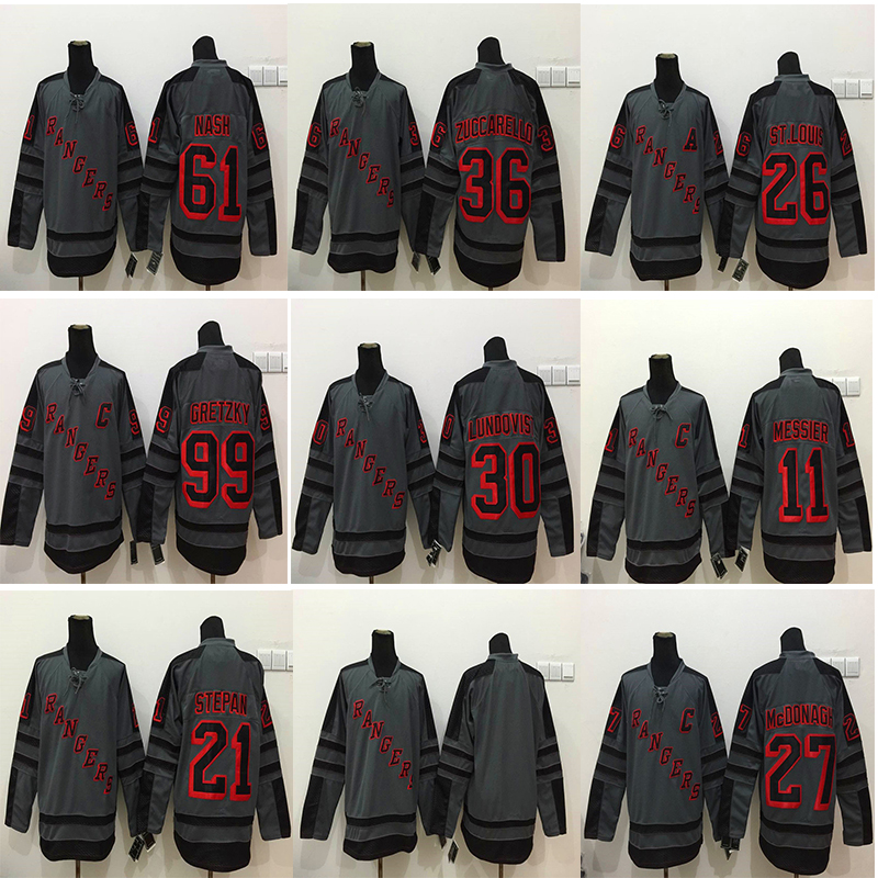 

New York Rangers Cross Check #30 Henrik Lundqvist 36 Zuccarello 99 Gretzky 13 Hayes 27 McDonagh Gray Shadow Charcoal Hockey Jerseys, Black;red
