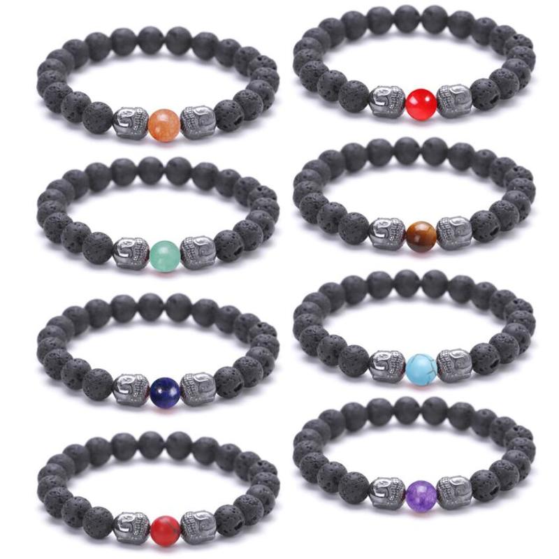 Lava Stone Buddha Head Chakra Healing Balance Beads Reiki Prayer Essential Oil Diffuser Bracelet Jewelry