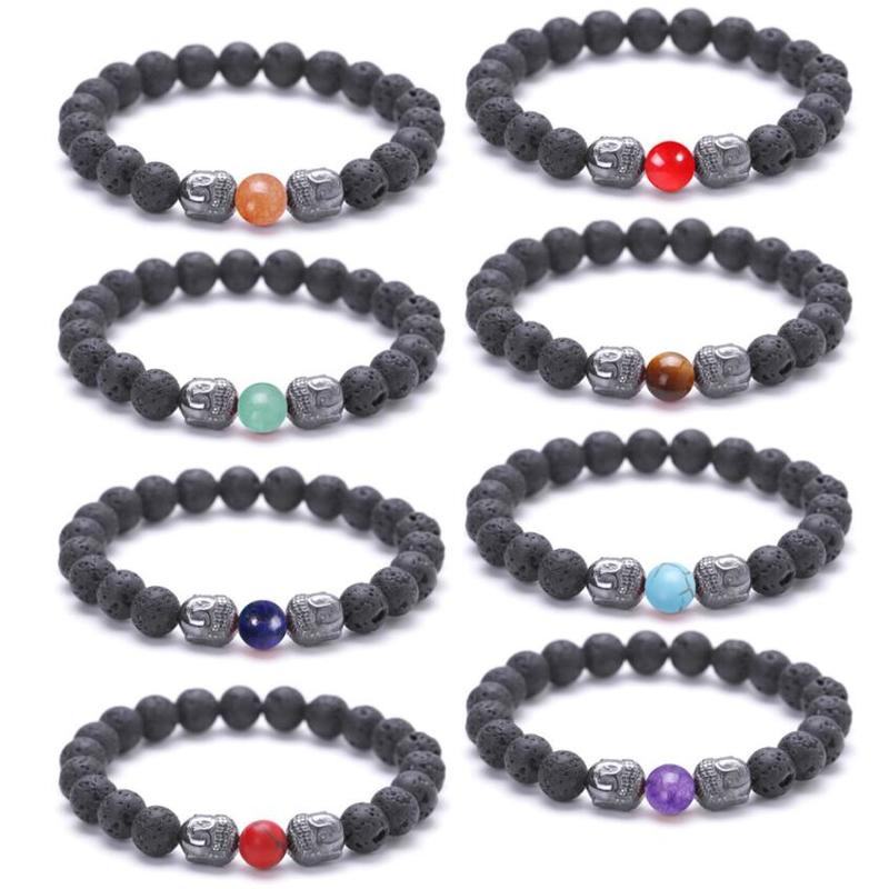 

Lava Stone Buddha Head Chakra Healing Balance Beads Reiki Prayer Essential Oil Diffuser Bracelet Jewelry