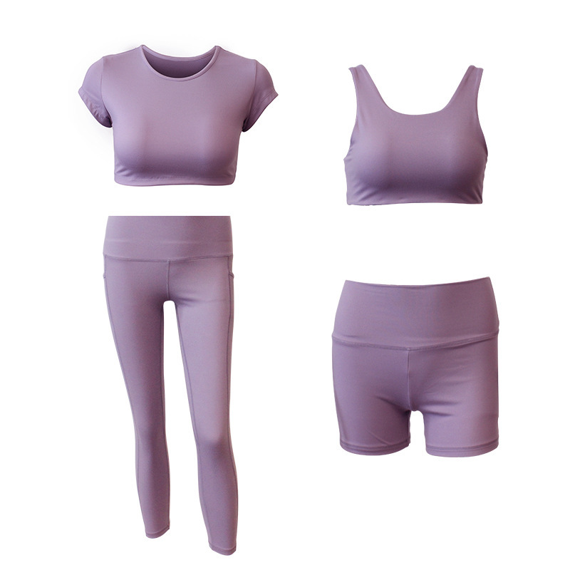 

Seamless 4pccs women yoga set gym clothes leggings + shorts + cropped bra sport suit female bra suit wear gym sports clothes, Rose red set 4pcs