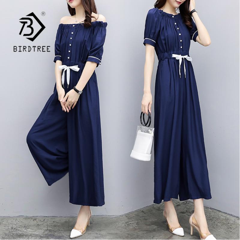 

New Arrival Women Solid Blue Off Shoulder Wide Leg High Waist Jumpsuit Lady Sexy Ankle-Length Pants Female 5XL Plus Size S87210F