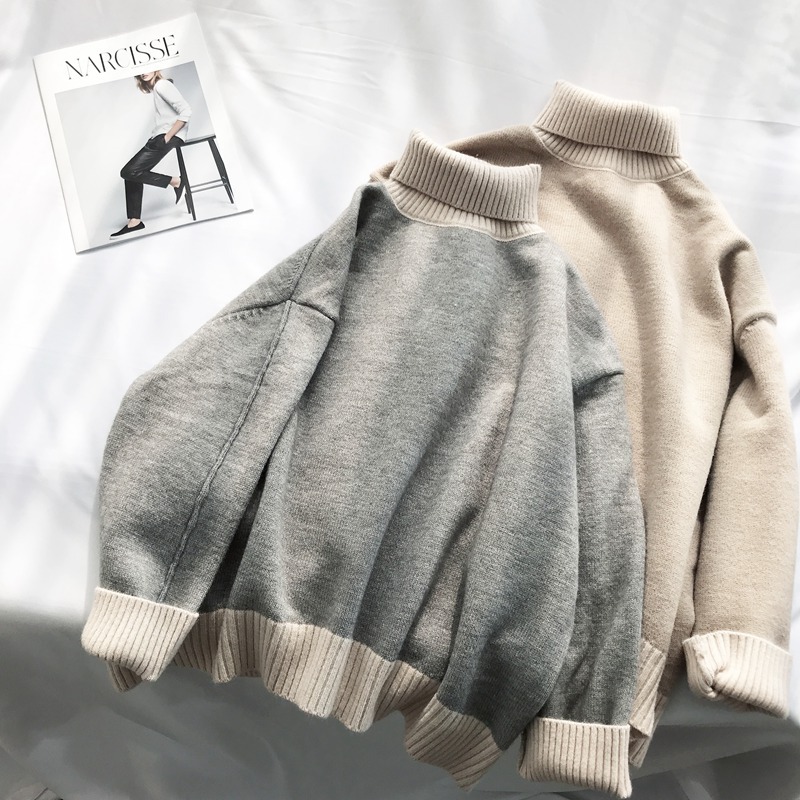 

Diwish Turtleneck Sweater 2019 Winter Women Oversized Cute Sueter Mujer Pullover Knitted Mix-color Thick Grils Korean Sweaters, Beige