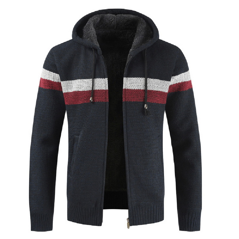 

Mens Hoodies knitted Sweater Men Autumn Winter Patchwork Pull Thicken Warm Hooded Cardigan Jumpers Wool Liner Zipper Fleece coat, Red