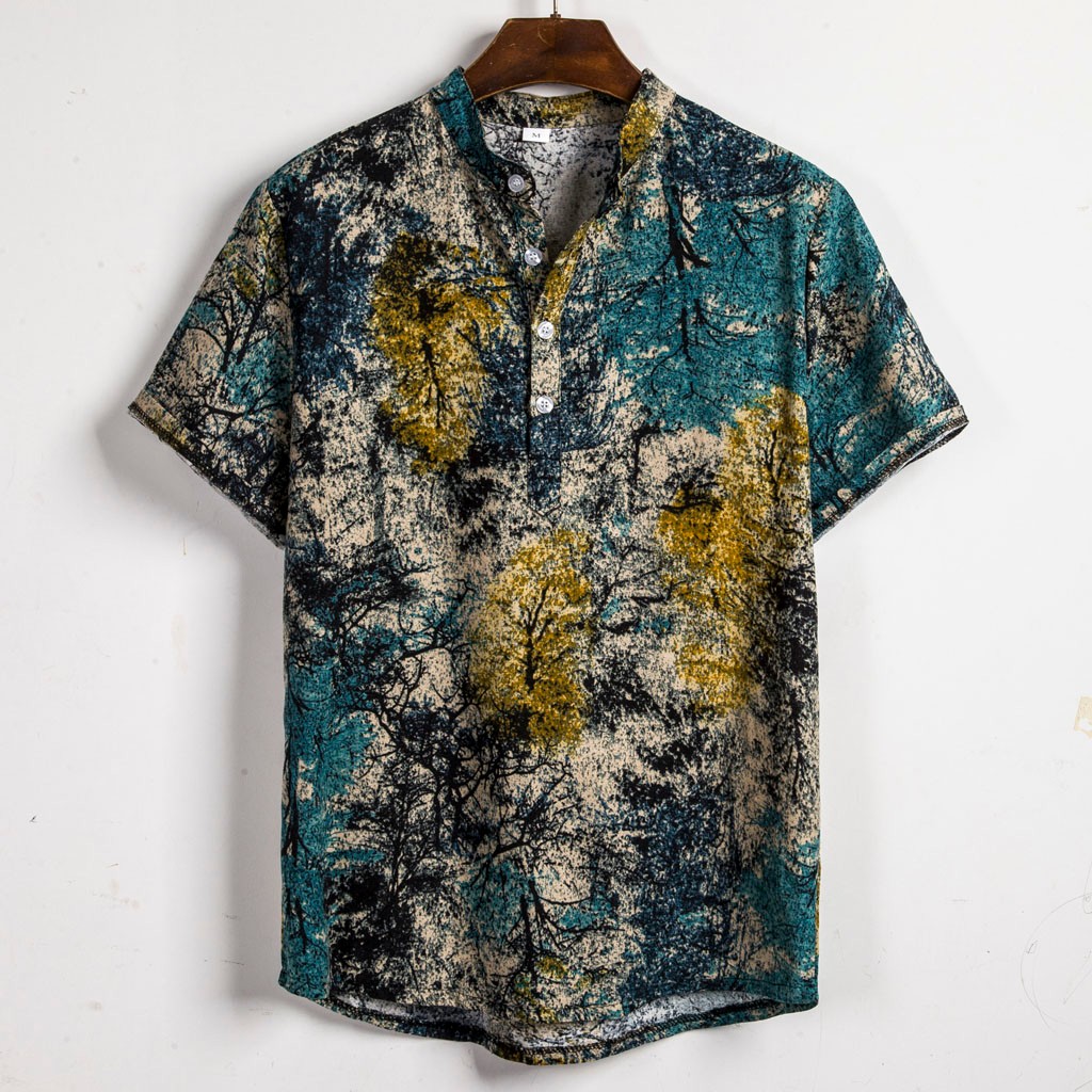 

Januarysnow Men Shirts Fashion Casual Men's Ethnic Short Sleeve Casual Cotton Linen Printing Hawaiian Shirt Blouse Plus Size Mens Shirts Top, Multi