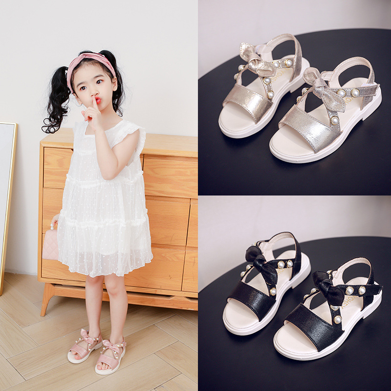 

Beach Sandals for Baby Girls Leather with Bowtier Pearl in Summer Walker Shoes for Children Anti-Slip Sole Kids Toddler Trainer, Black