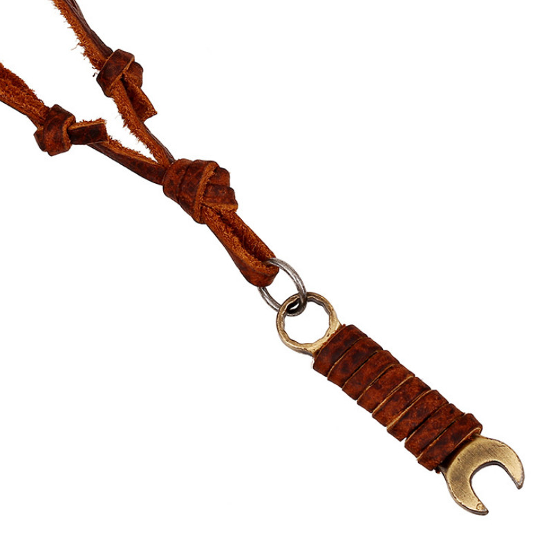 

Vintage Fashion Alloy Wrench Pendant Necklace Weave Brown Genuine Leather Bronze Charms Long Chain Handmade Retro Punk Jewelry