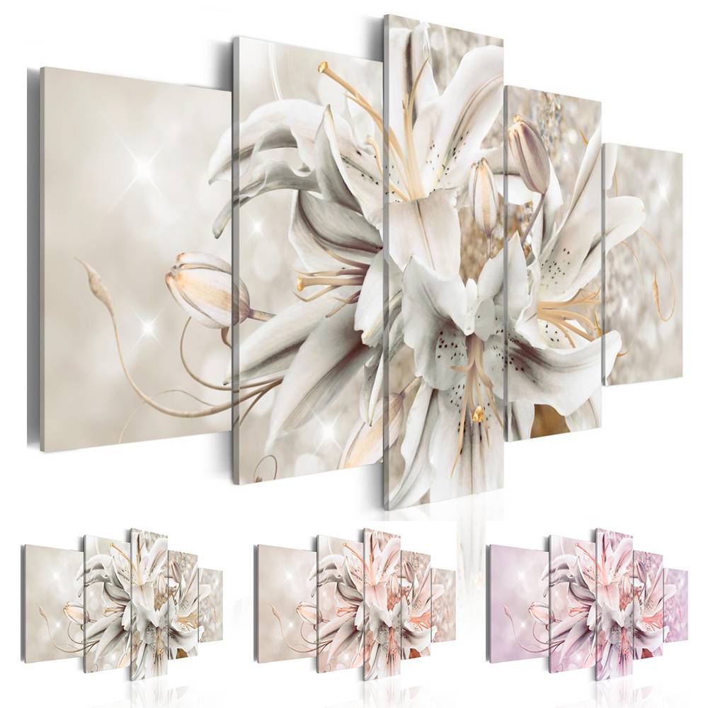 

Fashion Wall Art Canvas Painting 5 Pieces Brown Pink Purple Diamond Lilies Flower Modern Home Decoration, No Frame