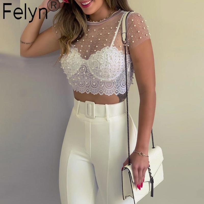 

Felyn 2020 Best Quality T shirt Transparent Beading O-neck Summer Sexy Bodycon T-shirt Tops, Black