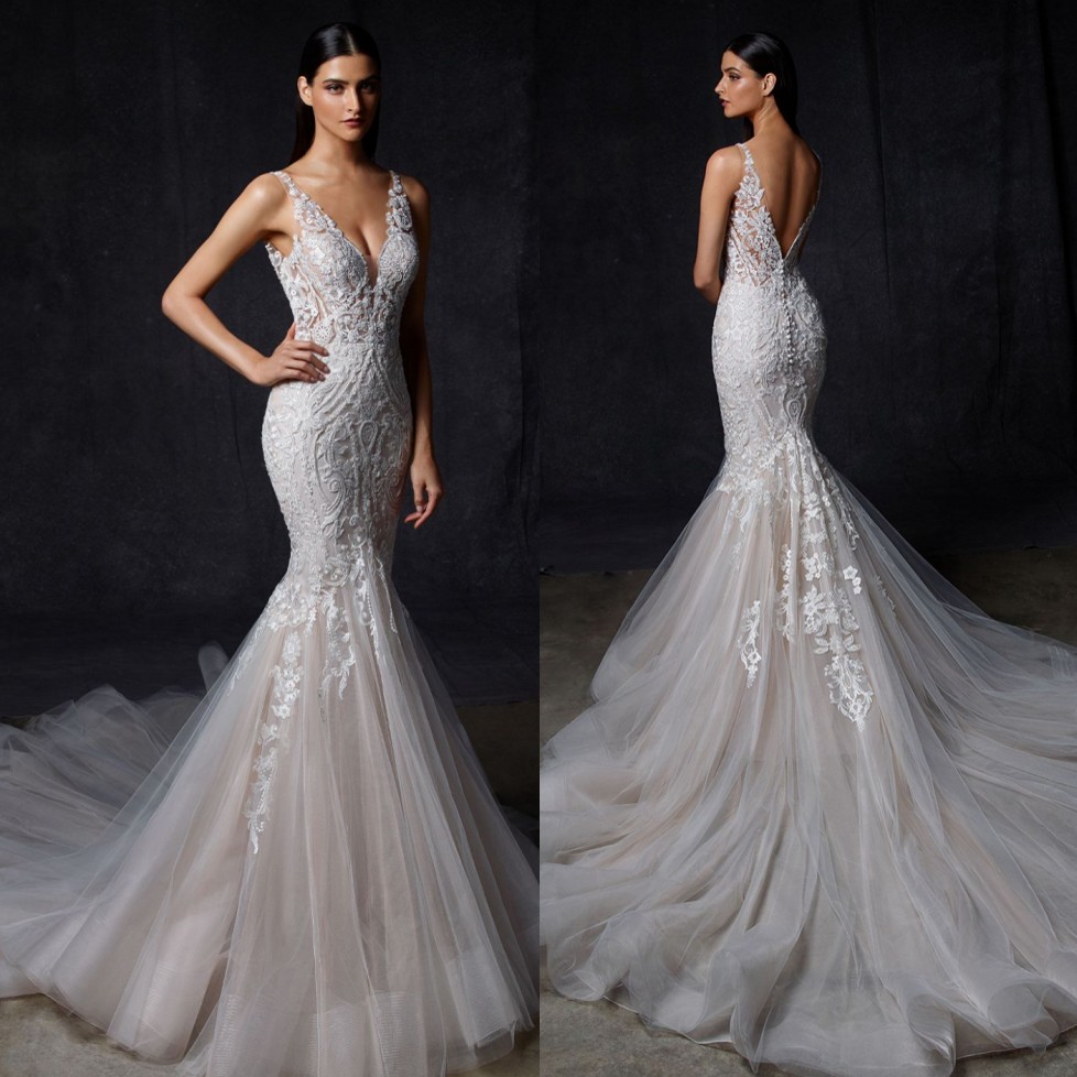 

Charming Mermaid Lace Backless Wedding Dresses Beaded Deep V Neck Appliqued Bridal Gowns Plus Size Sweep Train Tulle robes de mariée, Red & white