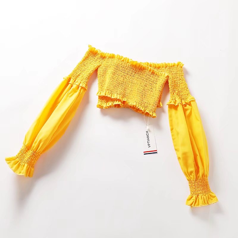 

Holiday Wind Sexy Pleated Elastic Tube Top Ruffled Chiffon Short Women's Top Necklace Lantern Sleeve 2020 Summer, Black