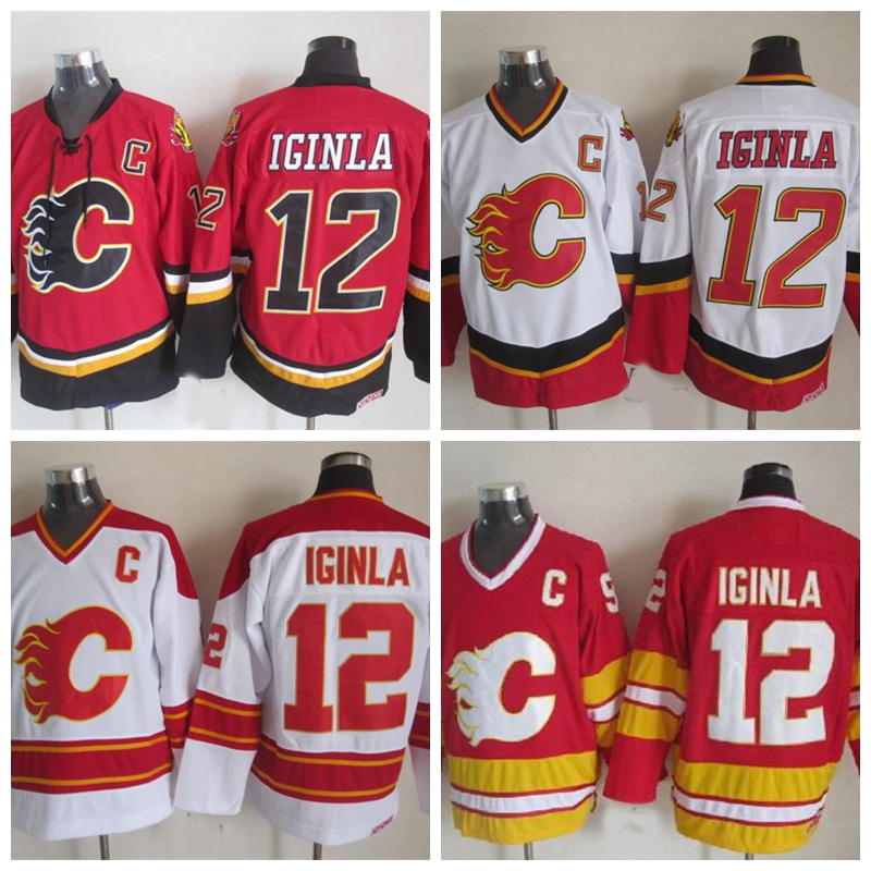

#12 Jarome Iginla Vintage Calgary Flames Ice Hockey Jerseys Home Away Red White Vintage CCM Jarome Iginla C Patch Stitched Jerseys, 12 white black