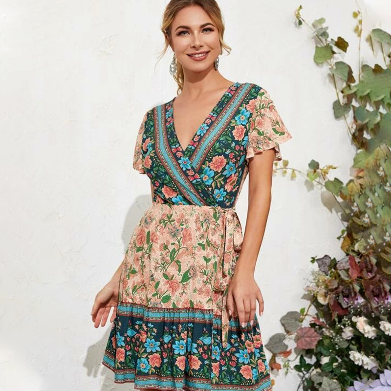 

Summer Bohemia Print Midi Dress Women Bandaged High Waist Vintage Boho Sexy Elegant Beach Party Holiday Pleated Dresses Vestidos, Pink