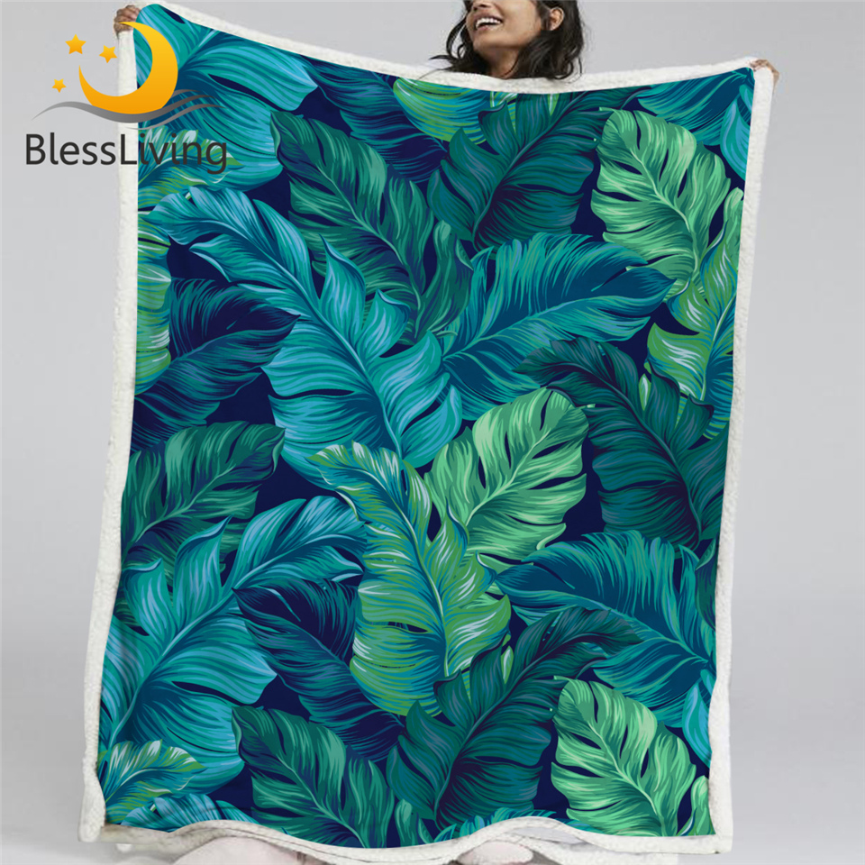 

BlessLiving 3D Palm Leaves Throw Blanket Tropical Leaf Sherpa Blanket Turquoise Green Soft Fleece Plush Bedspreads Koce
