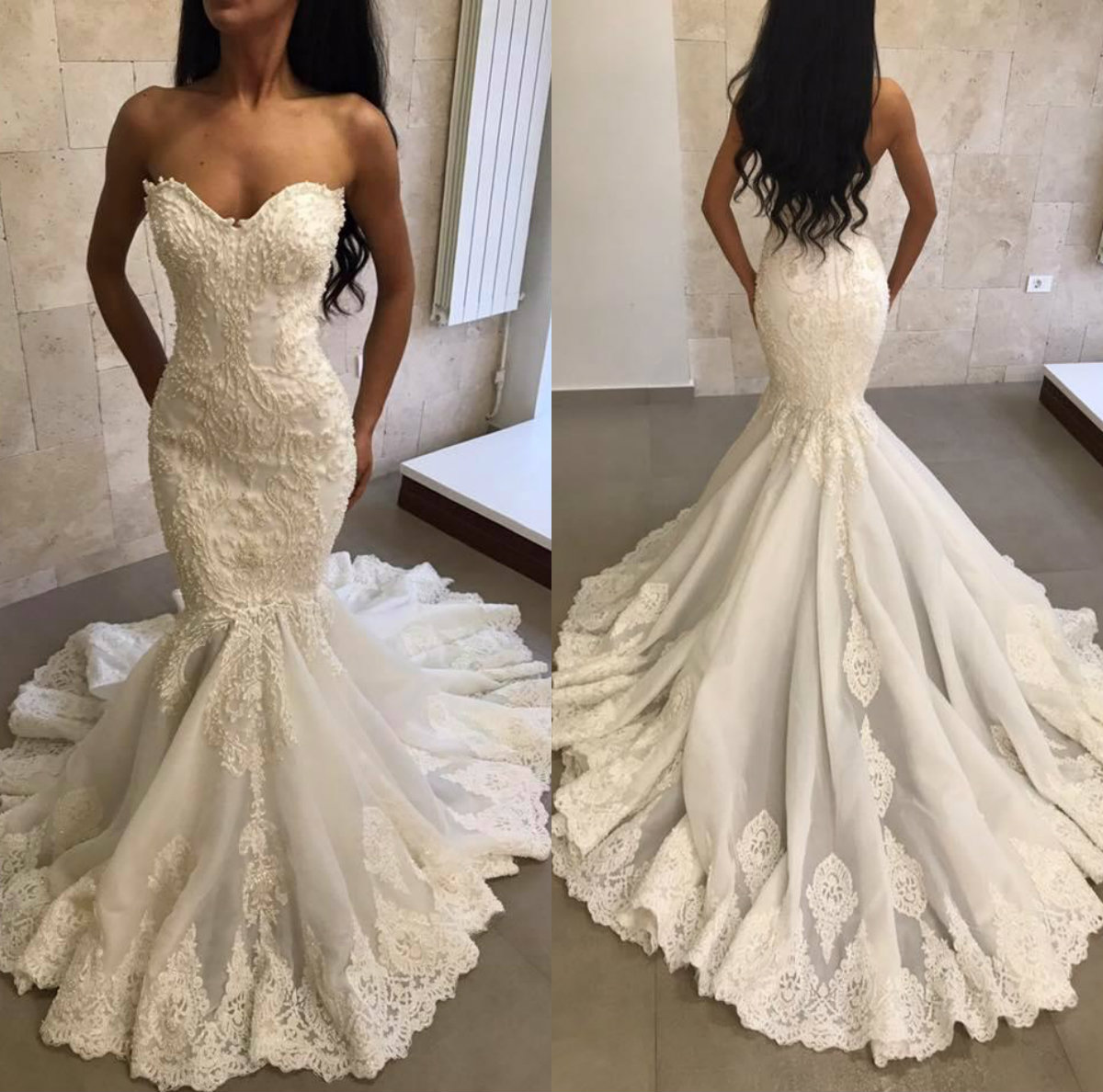 

2019 Beaded Mermaid Wedding Dresses Sweetheart Lace Appliques Sweep Train Country Wedding Dress Vintage Beach Bridal Gowns Plus Size, Custom made from color chart