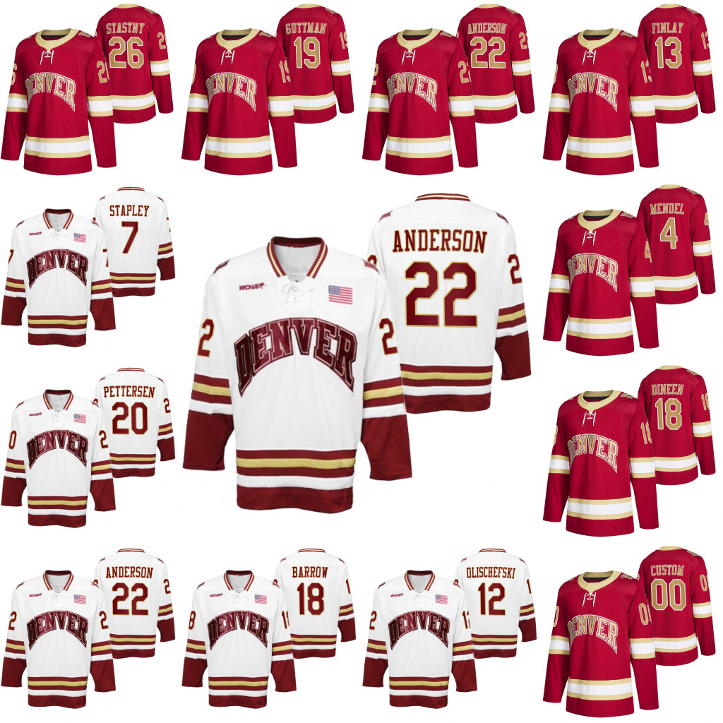 

Denver Pioneers NCAA College Hockey Jersey Ryan Barrow Brett Stapley Glenn Anderson Emilio Pettersen Ian Mitchell Paul Stastny Matt Carle, White mens s-xxxl