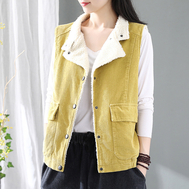 

Retro corduroy vest women plus velvet thick sleeveless vest autumn and winter suit suit collar jacket, Brown