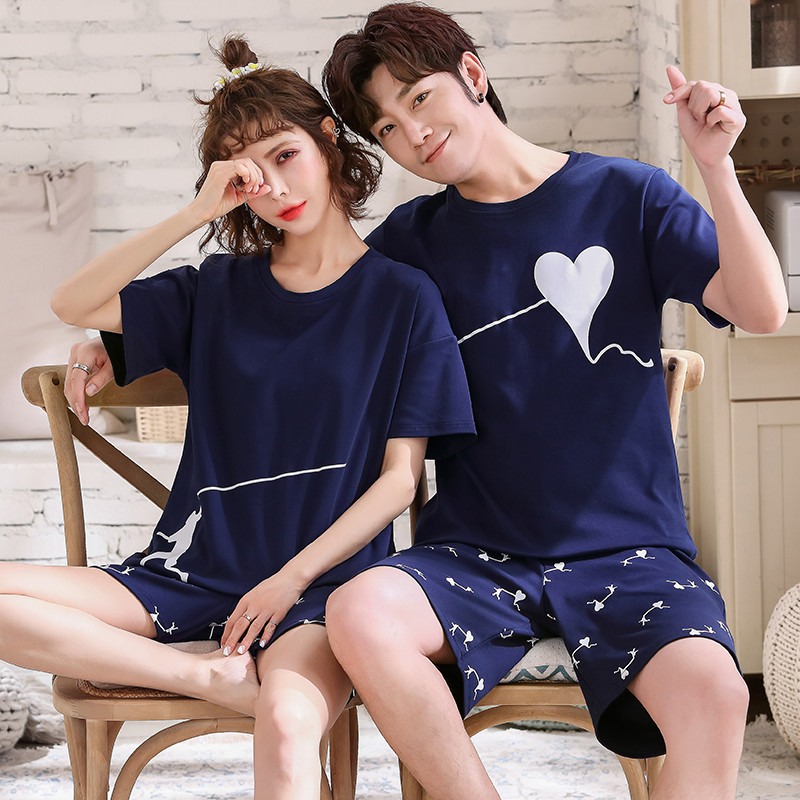 

Cartoon cute printing couple comfortable pajamas 100% knitted cotton ladies pajamas 2 piece suit summer women's O-neck
