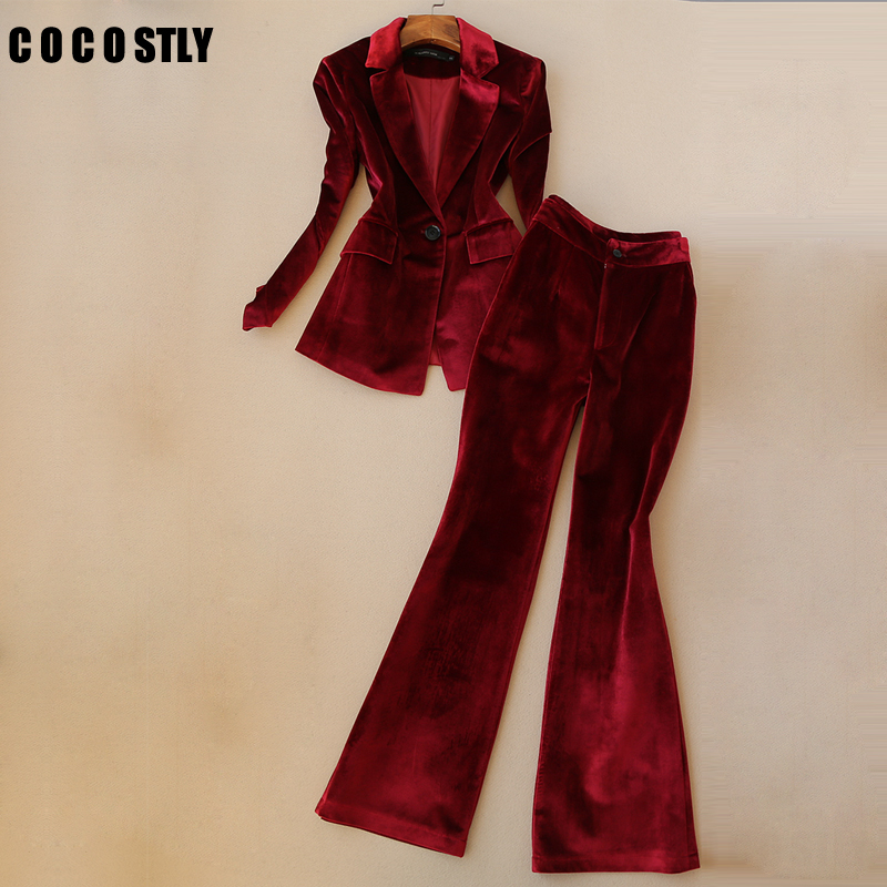 

Office Lady Work Pant Suits 2 Piece Sets Women Velvet Blazer Jacket & Trousers Suit for Women Suits Outfits Feminino, Black