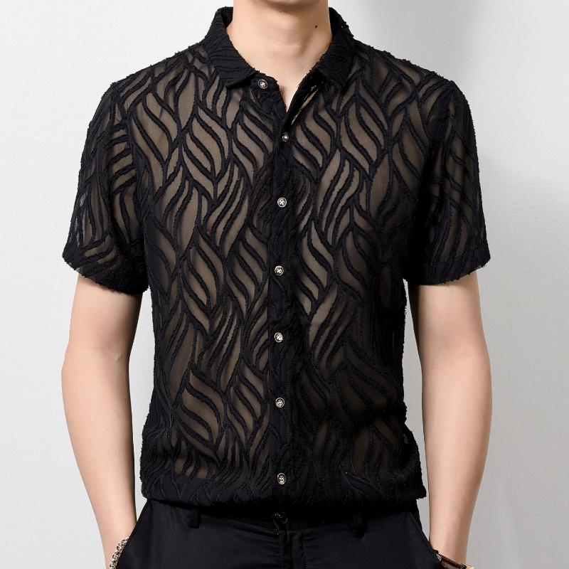 

Transparent Shirt Men Print Velvet Shirt Club Chemise Homme Shirts For Men Mannen Kleding Summer Short Sleeve Floral Sexy, Black