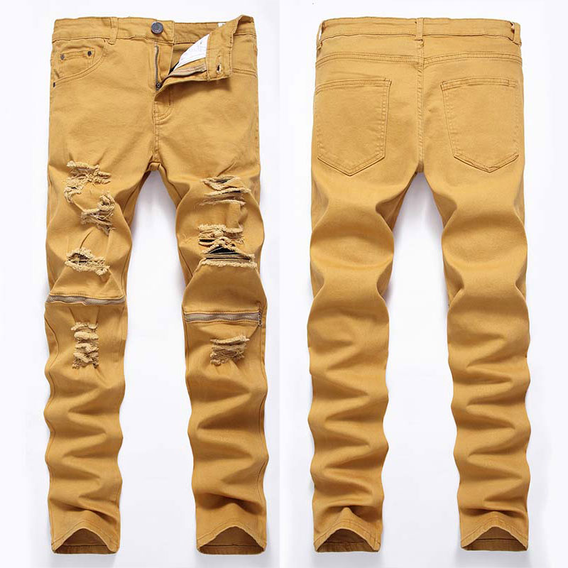 

Men jeans Casual Denim Pants Zipper Knee Holes Destroyed High Elastic Fashionable Straight Pants, T-602