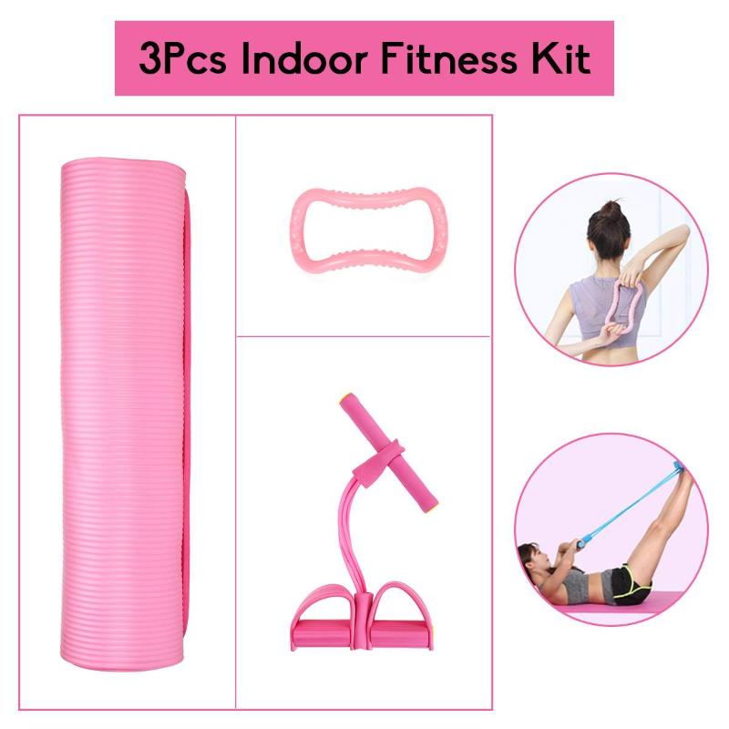 

3Pcs Yoga Pilates Fitness Kit Indoor Home 10mm Yoga Mat & Pedal Tension Pull Rope & Ring Exercise Workout Gym Equipment, Blue
