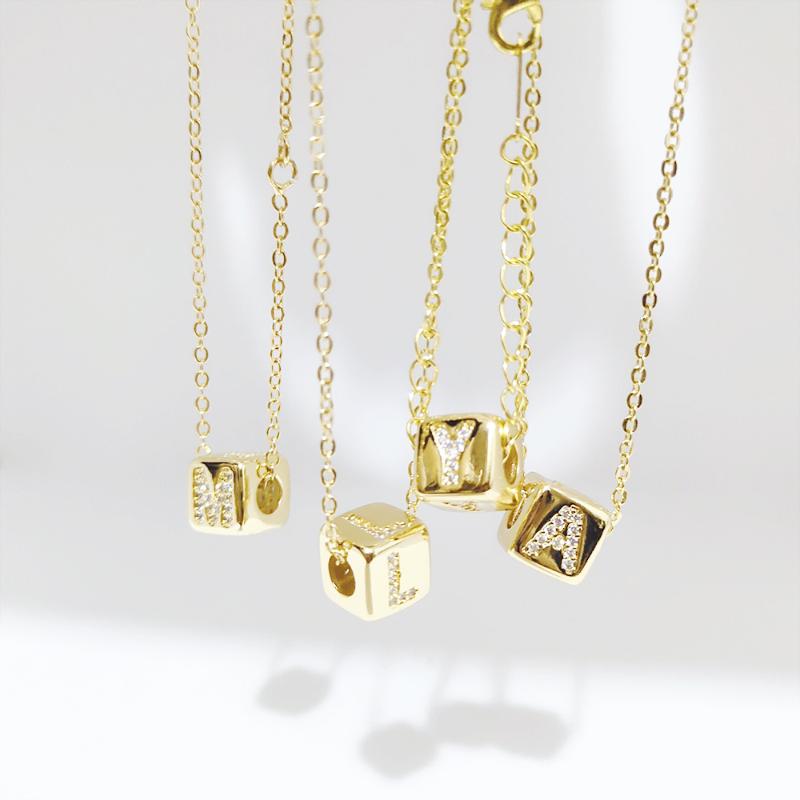 

Alphabet Cube Pendant Necklace Long Chain 24K Gold Necklace For Women Girls Initial Letter Zirconia Collar mujer