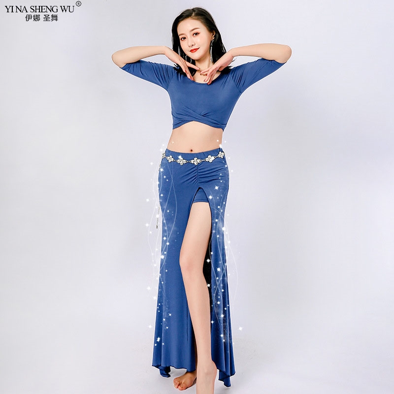 

New Women Sexy Fashion Bellydance Oriental Costumes Set Top Skirts Split Practice Clothes Top Skirt Professional Belly Dance Set, Top-skirt(no chain)9