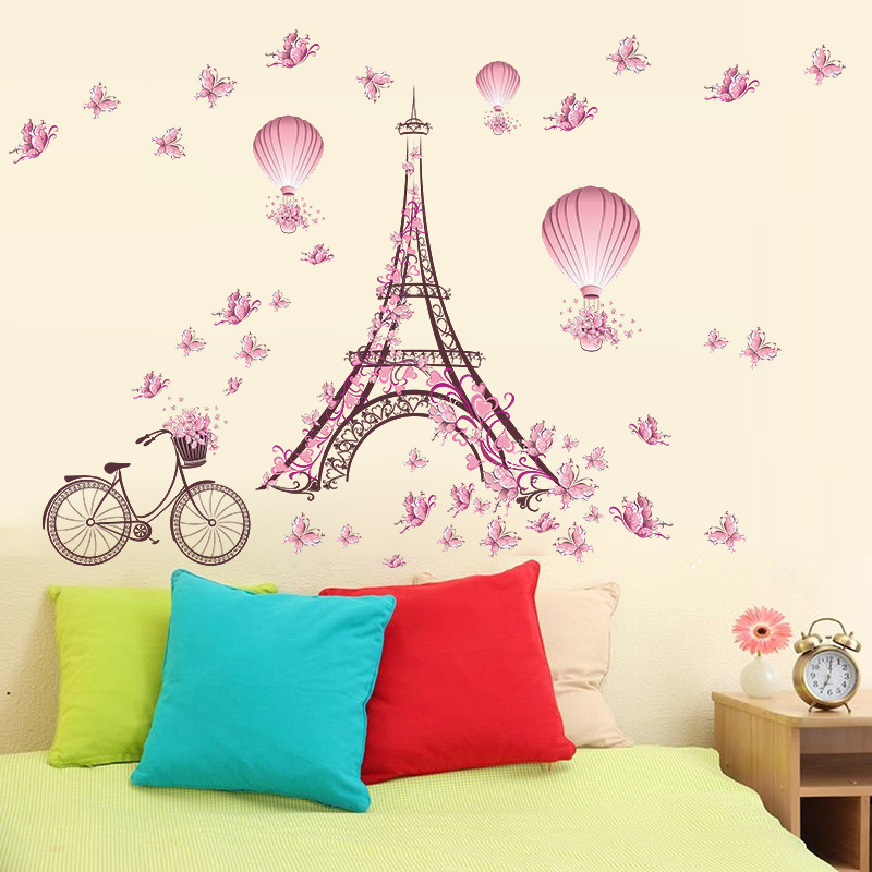 

Four styles Paris Iron Tower Pink Colour Butterfly Living Room Bedroom Background Waterproof Wall decals Sticker