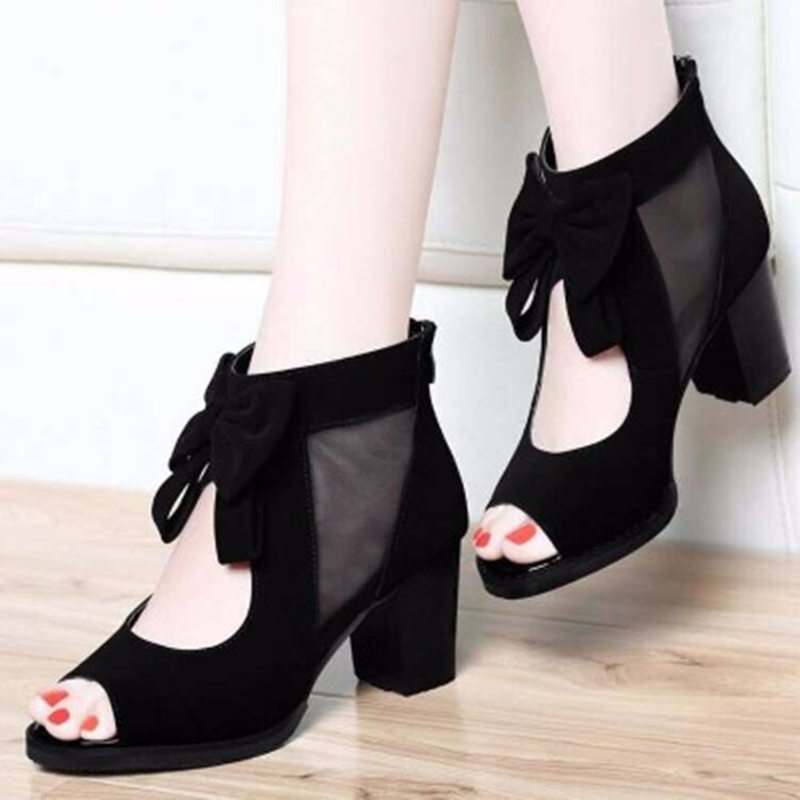 

2020 New Summer Women Lace Ankle-Wrap Sandals Casual Zip Open Top Ladys Sandals Chunky Heels Plataformas Mujer Sandalias, Black