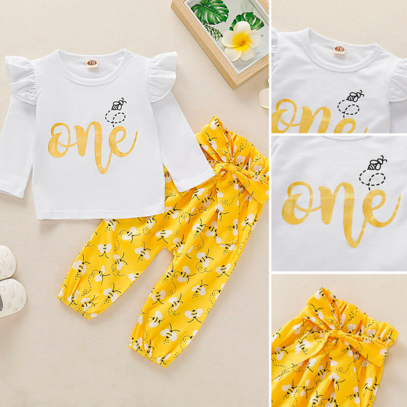 

2020 New Fashion Newborn Baby Girls 1st Birthday Sleeve Tops Romper Pants Leggings Clothes Baby Clothing, White