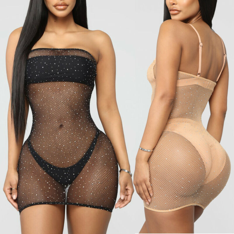 

Sexy Women Lace Fishnet Glitter Sequins Shiny Mesh Sheer See-through Hollow Out Dress Bikini Cover Up Beach Mini Dress Beachwear