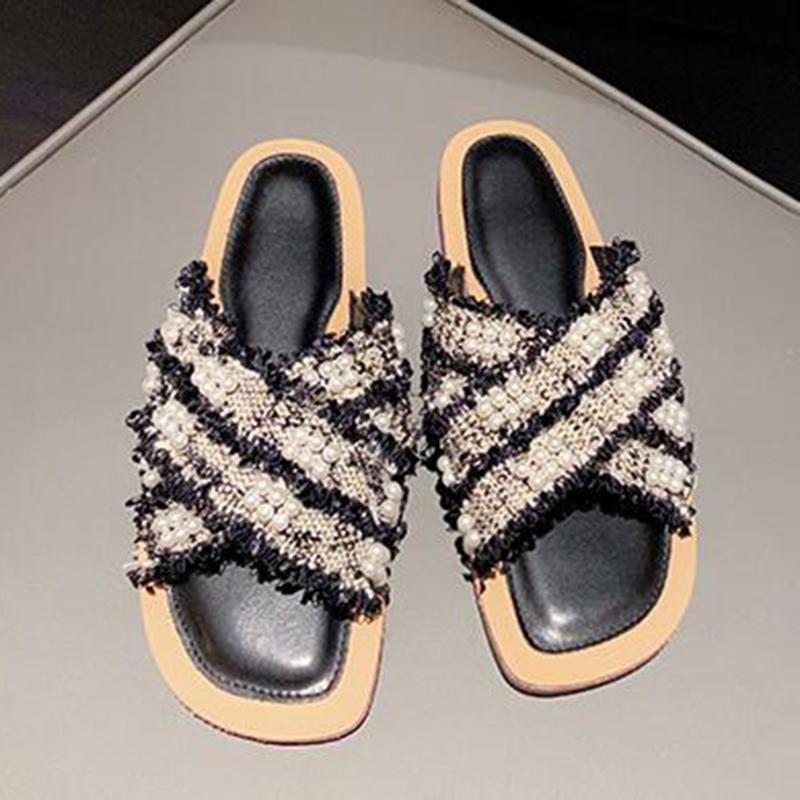 

Summer Outsides Leisure Slippers New Female Slippers Fashion cross Pearl Braided Open Toe flat Beach shoes women sh421, Black