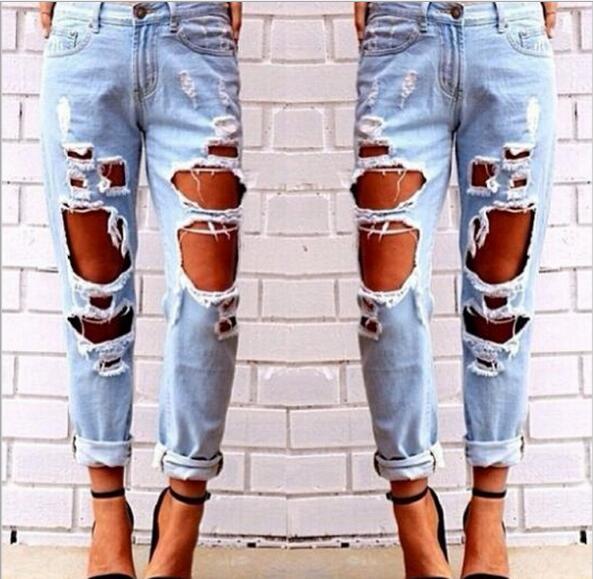 

Denim Pants Womens Destroyed Ripped Jeans Distressed Hole Jeans Trousers Wild sexy exaggerated big hole beggar boyfriend jeans, Blue