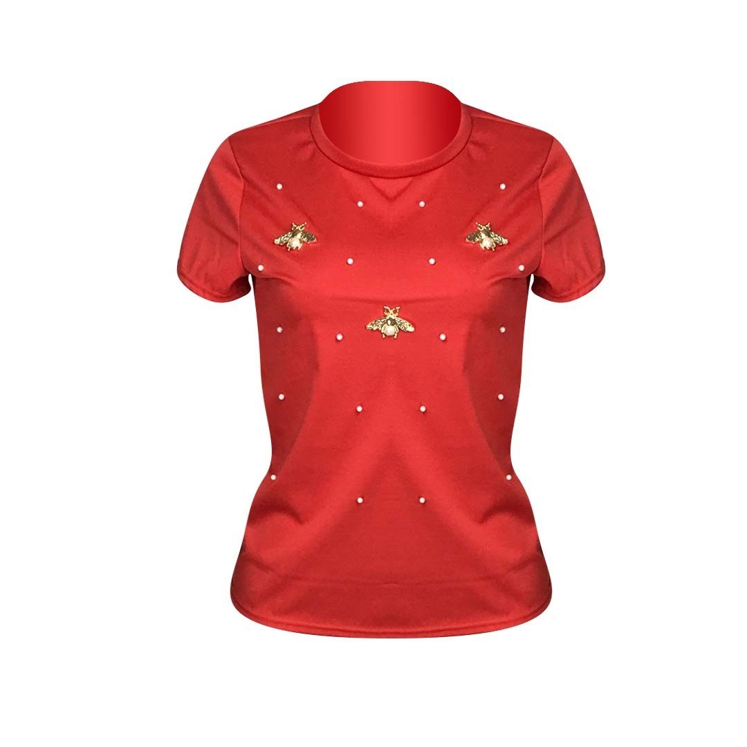 Plus Size Women Short Sleeve Pearl Beading Tshirt Ladies Tee Tops