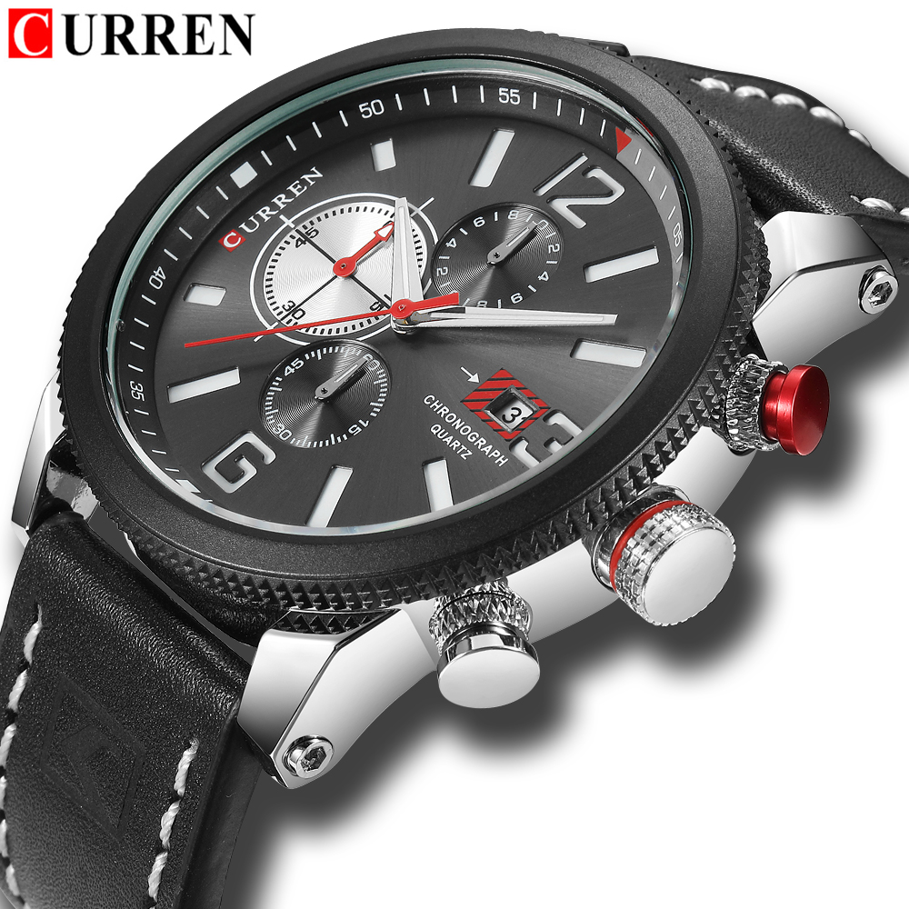 

Luxury Brand Men Military Quartz Watches Casual Sports Chronograph Wriswatch 2018 CURREN Leather Strap Waterproof Relogio, Slivery;brown