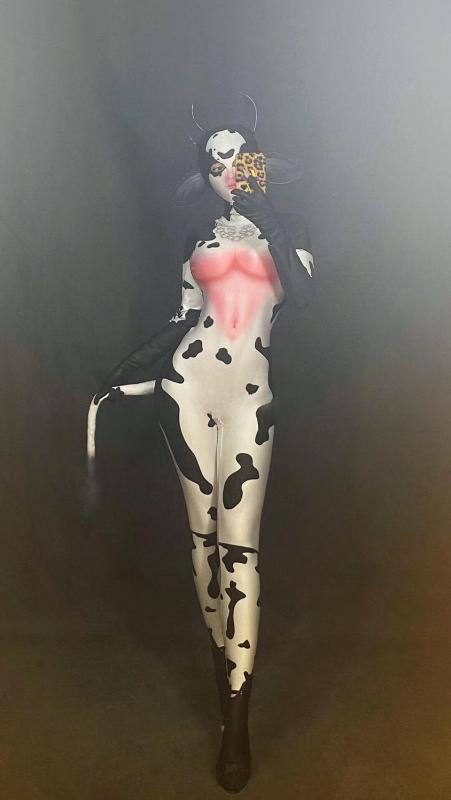 

Cow Pattern White Cosplay Jumpsuit Women Singer Bodysuit Stage Outfit Dance Prom Bar Model Show Outfit, Clear