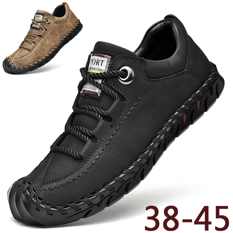 

Hand-stitched Leather Shoes Light Fashion Mens Outdoor Casual Shoes Low Heel Breathable Men's Hiking Sneaker, Black