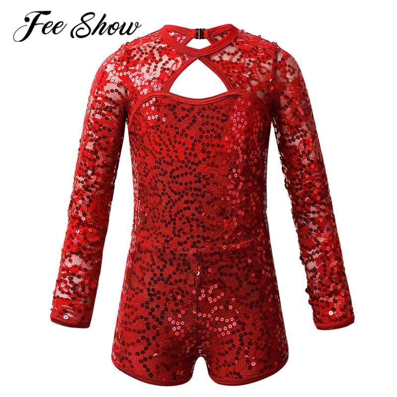 

Kids Girls Long Sleeve Keyhole Back Ballet Dance Costume Shiny Sequins Lace Gymnastics Leotard Jumpsuit Biketard Stage Dancewear, Black