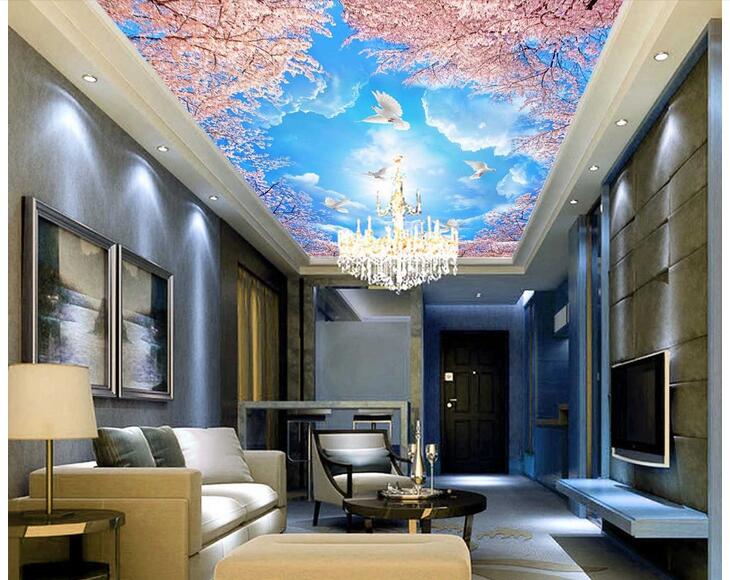 

3d ceiling murals wallpaper custom photo Blue sky white clouds cherry tree bedroom home decor 3d wall murals wallpaper for walls 3 d, Non-woven