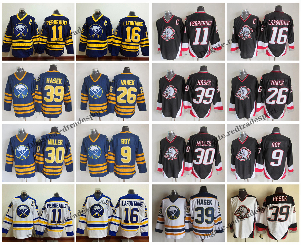 

Vintage Buffalo Sabres Hockey Jerseys 16 Pat LaFontaine 11 Gilbert Perreault 39 Dominic Hasek 26 THOMAS Vanek 9 Derek Roy 30 RYAN MILLER Stitched Jersey Black Mens, Blue 30