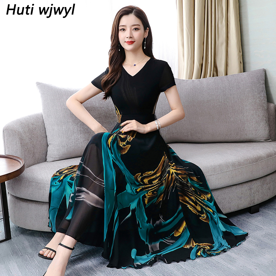 

2019 Summer Vintage Black Chiffon Boho Midi Dress Elegant Women Bodycon 4XL Plus Size Print Maxi Dresses Party Beach Vestidos, Green