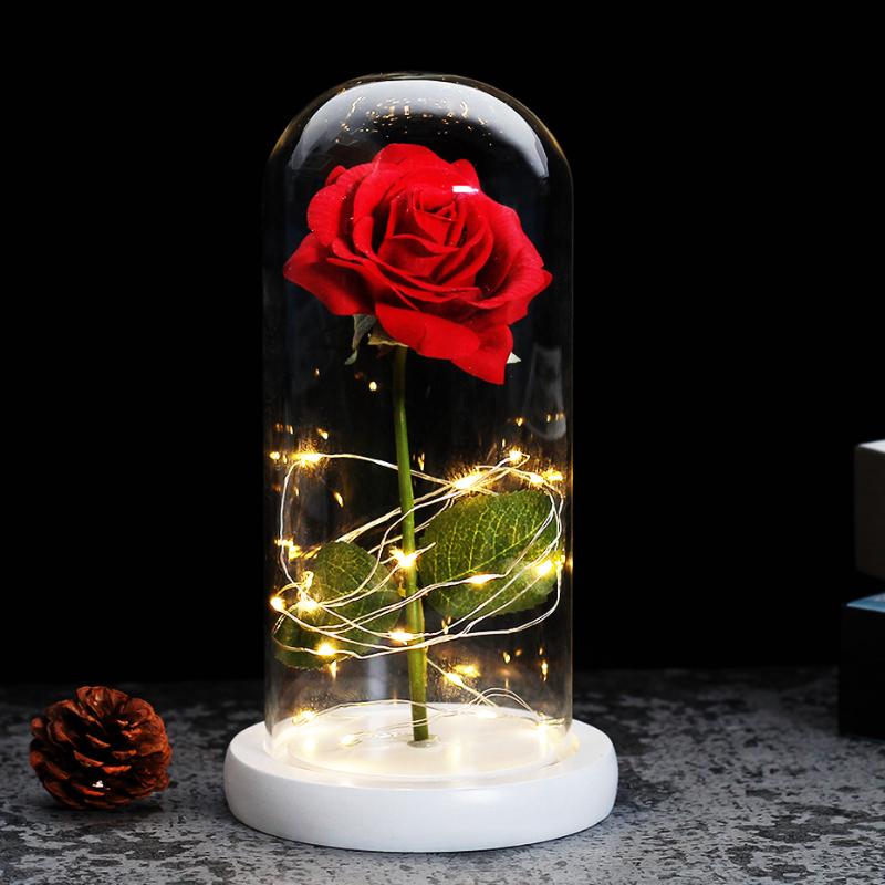 

Lowest Price Artificial Flowers Rose with LED Light Wooden Base for Christmas Valentine Gifts Dropshipping, Beige