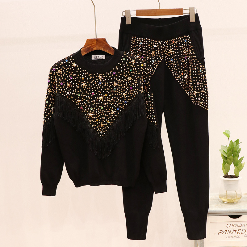 

Spring Fashion Knitted Tracksuit Women Handwork Beading Tassel Long Sleeve Sweater + Casual Long Pants 2 piece Set Women Outfits, Black