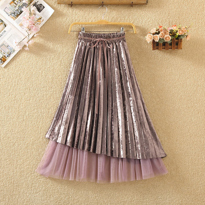 

and winter Korean high waist thin and sweet mesh lace up golden velvet skirt medium length fairy skirt pleated, See chart