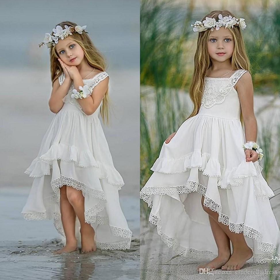 

Beach Cheap High Low Bohemian Lace A Line Flower Girl Dresses for Weddings Pageant Gowns Boho Kids Prom Dress First Holy Communion Dress, Champagne