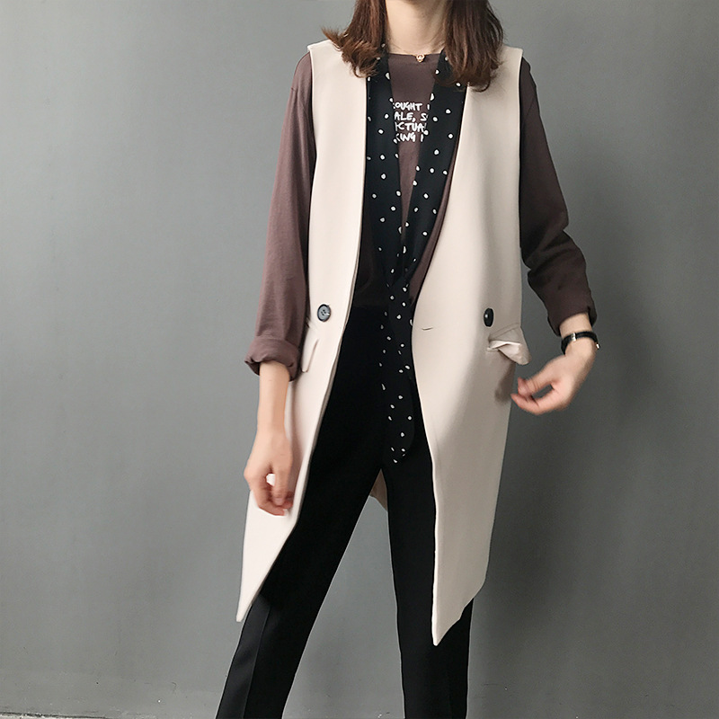

Women Long Solid Vest Coat Europen Style Waistcoat Sleeveless Jacket Outwear Top Vest Roupa Female Black Beige