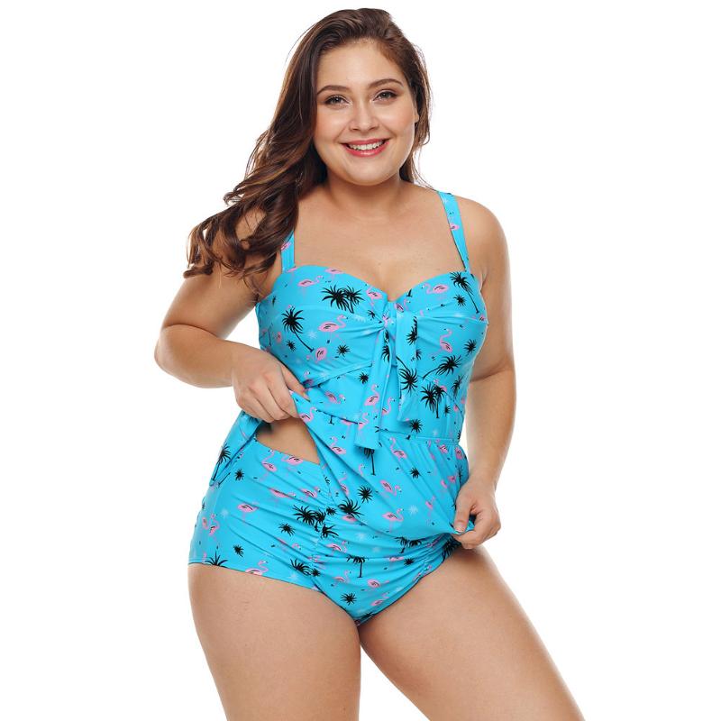 

Plus Size Ruffled Tankini with Floral Panty Sky Blue Purple