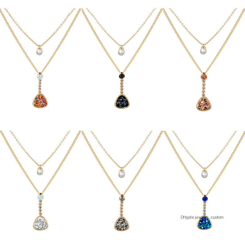 

Double-deck Druse Necklace Peach Resin Pendeloque Cut Temperament Pendant Gift
