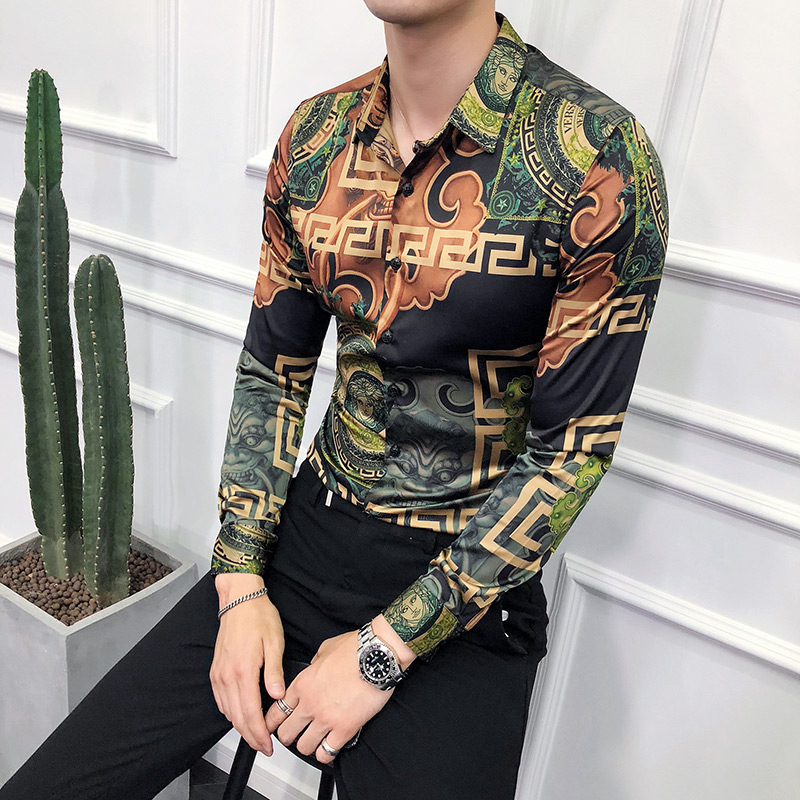 Men/'S Cotone Slim Fit Camicia Paisley Stampa Floreale Retrò Vintage a maniche lunghe 2